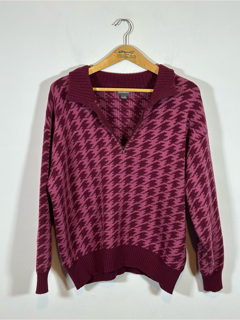 Eddie Bauer Houndstooth Sweater Quarter Zip Mock Neck XL Pink Grandma Preppy - Picture 4 of 14